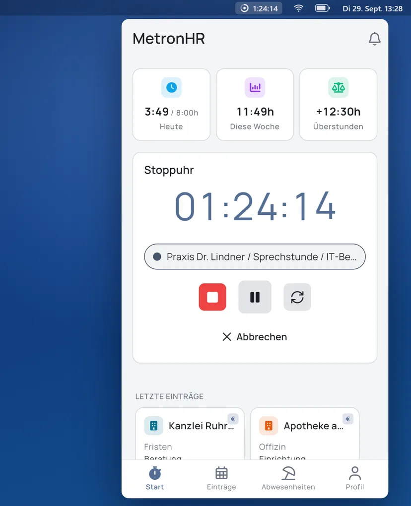 MetronHR on the Mac: window from the menu bar with a running timer, today's hours and overtime balance