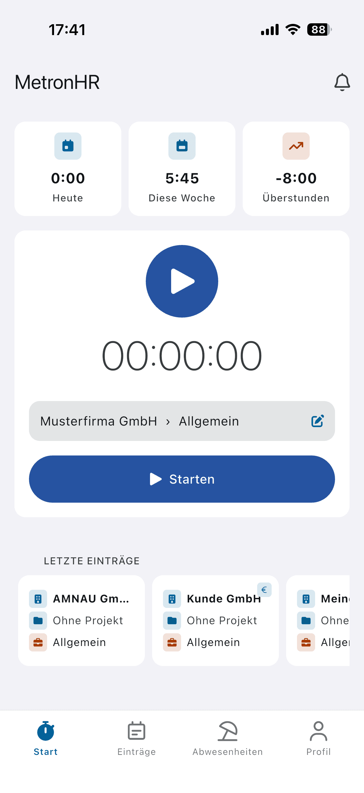 MetronHR App – Startseite mit Tagesübersicht