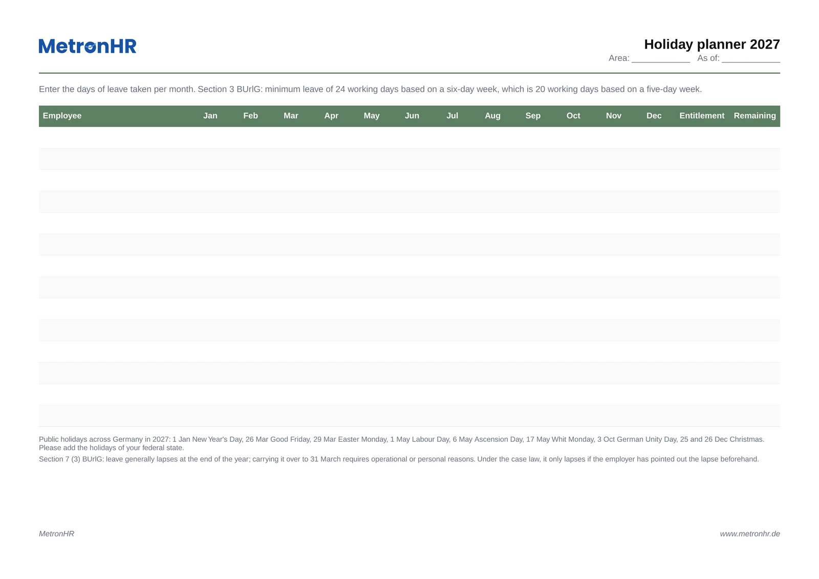 Preview: Holiday planner 2027 for the whole team