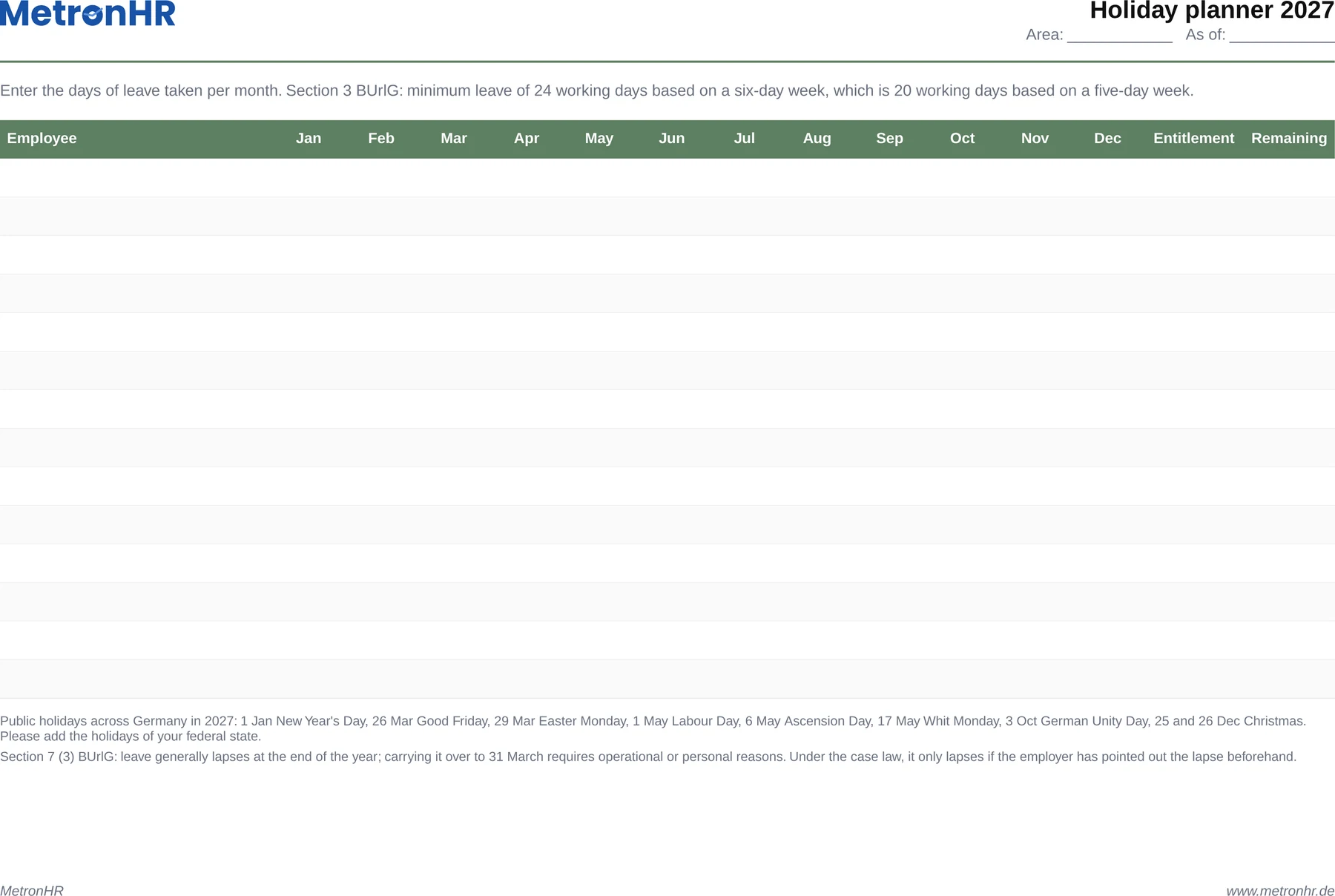 Preview: Holiday planner 2027 for the whole team