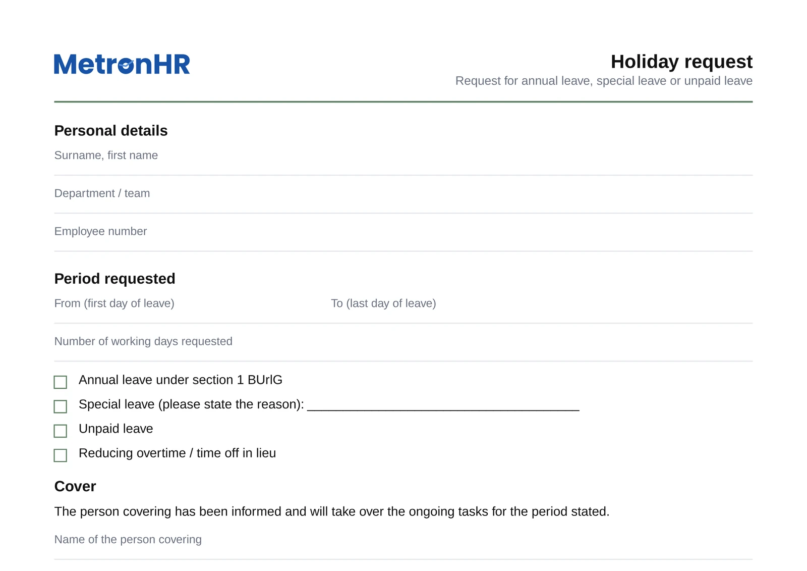 Preview: Holiday request as a form to fill in