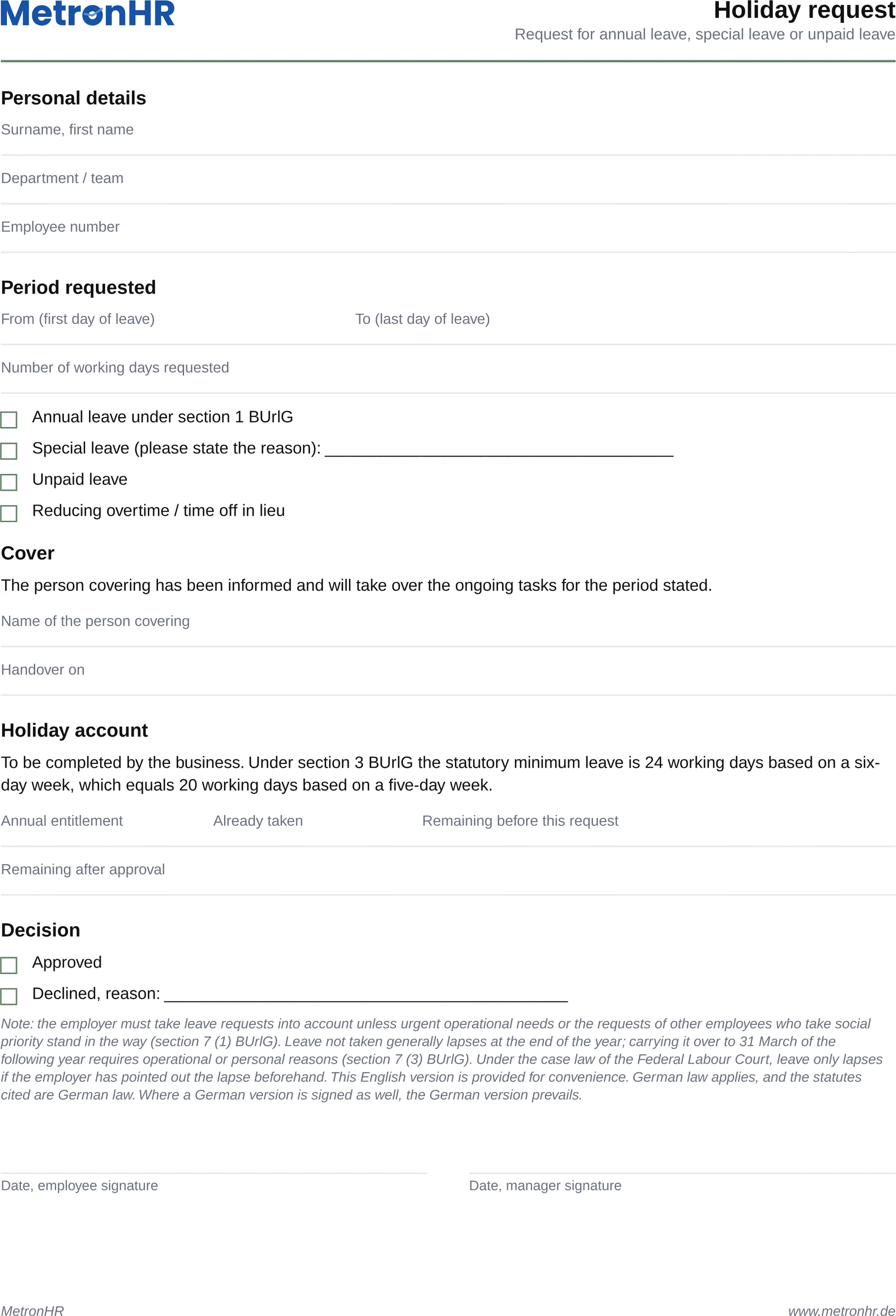 Preview: Holiday request as a form to fill in