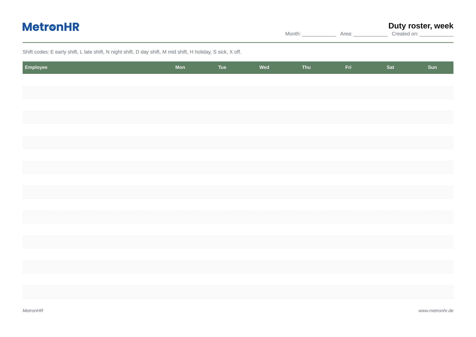 Preview: Monthly duty roster with shift codes