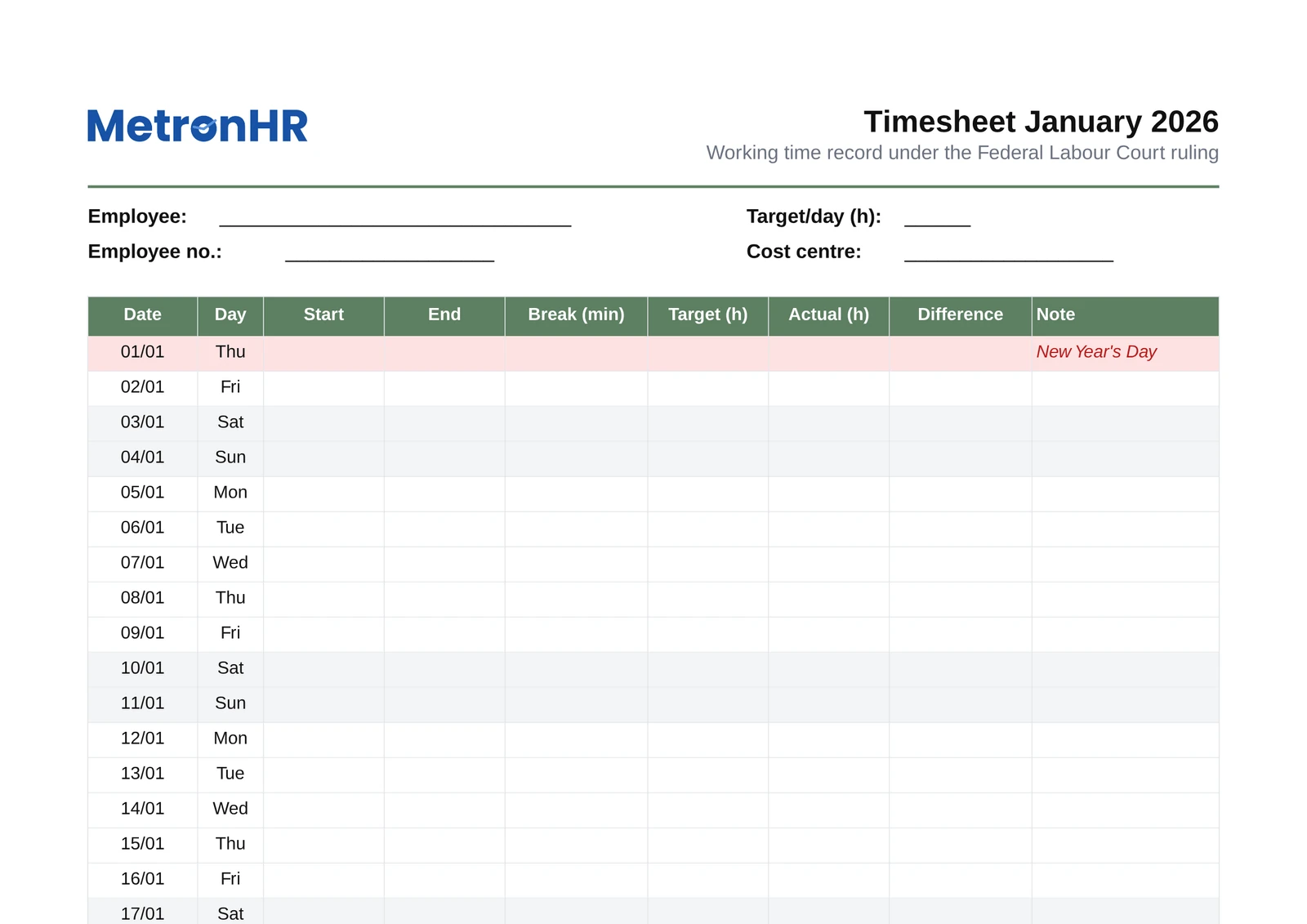 Preview: A timesheet and working time record as an Excel template or a printable PDF