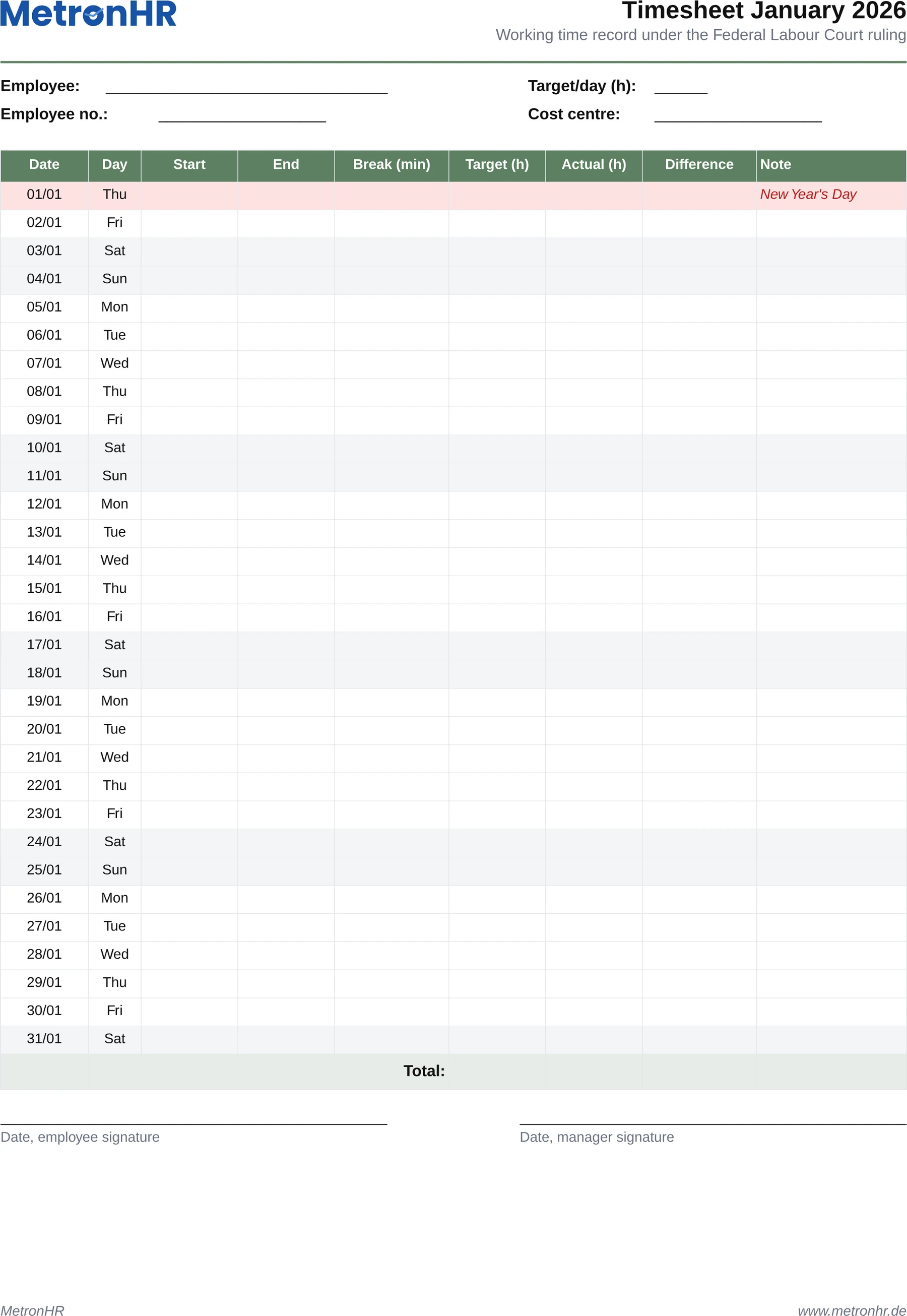 Preview: A timesheet and working time record as an Excel template or a printable PDF