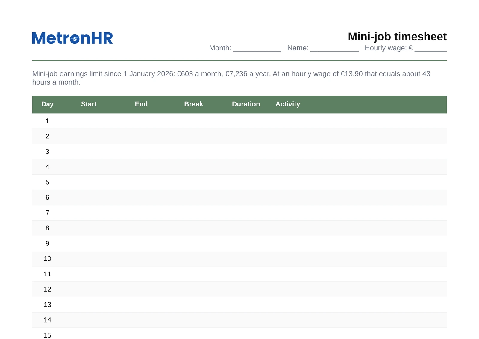 Preview: A timesheet for mini-jobs with earnings monitoring