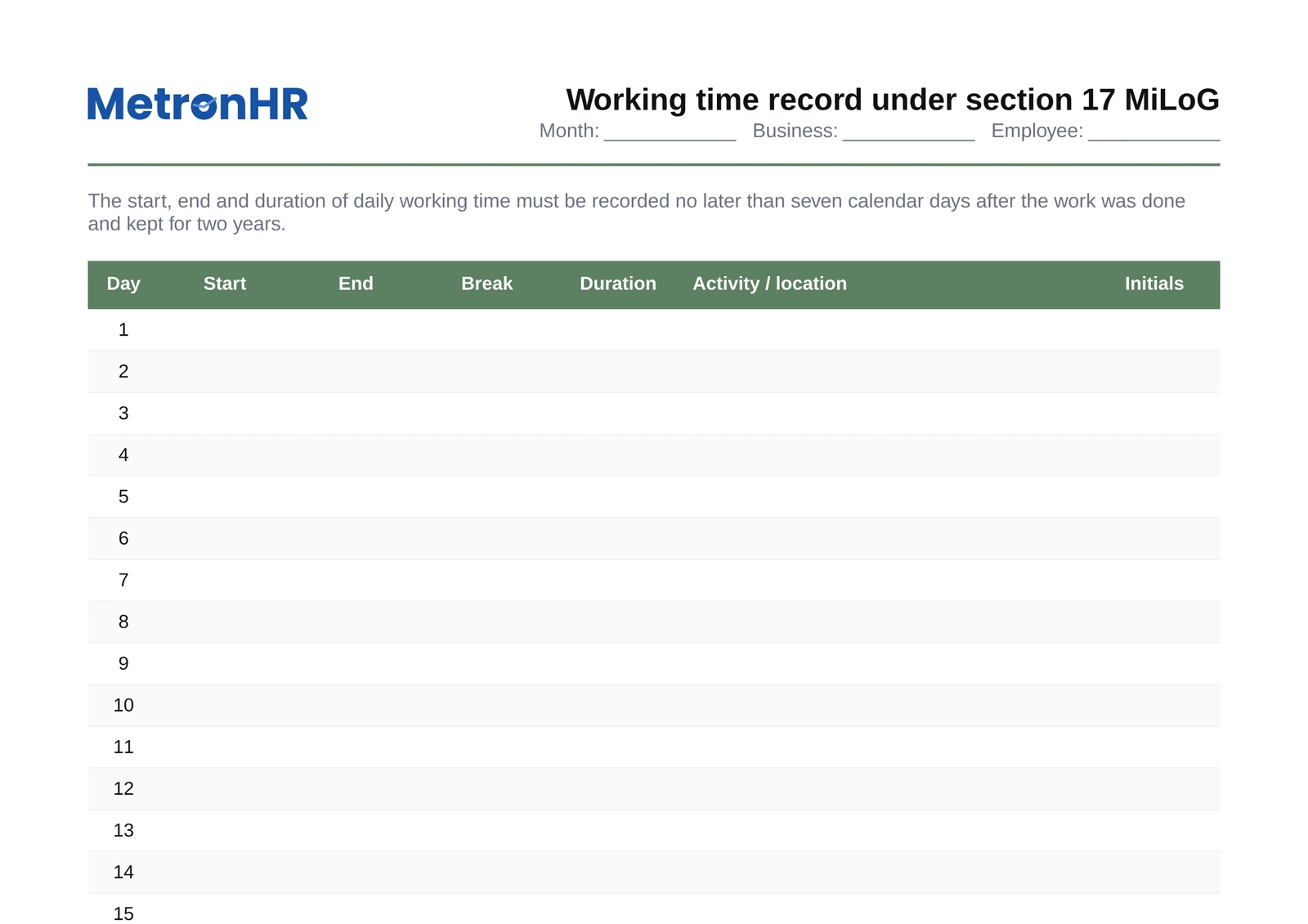 Preview: Working time record under section 17 MiLoG