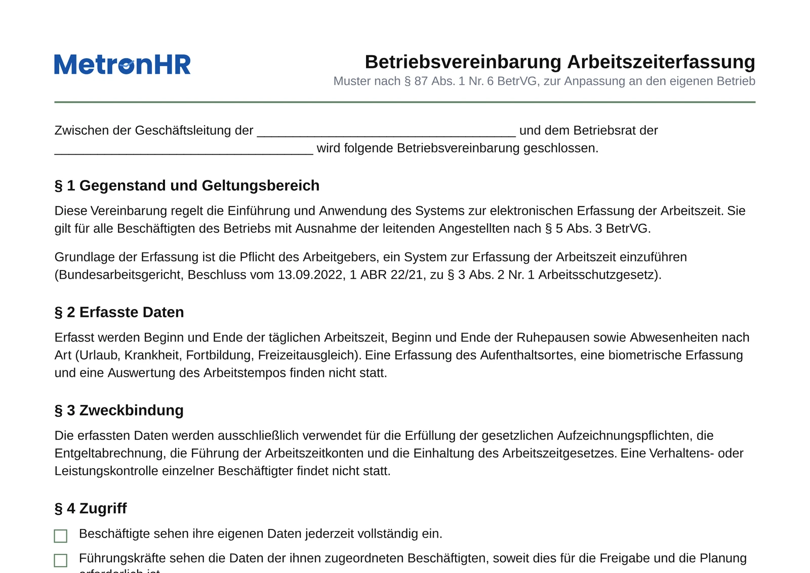 Vorschau: Muster-Betriebsvereinbarung zur Arbeitszeiterfassung