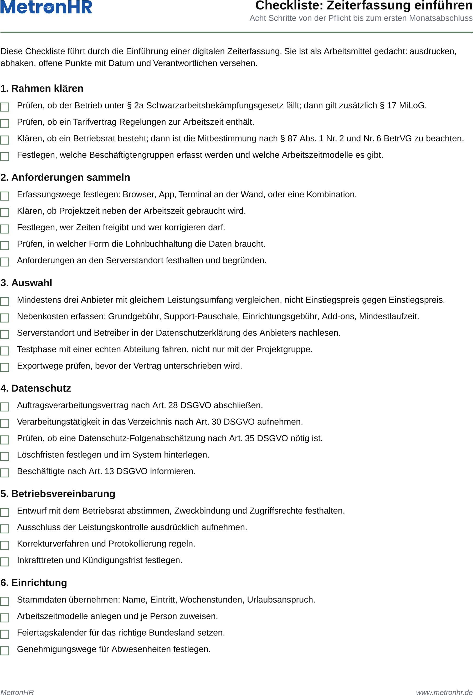 Vorschau: Checkliste: Zeiterfassung einführen
