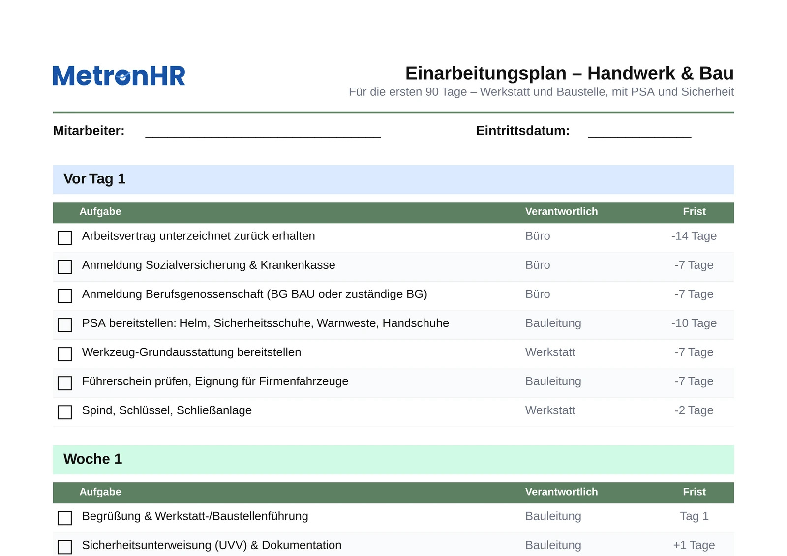 Vorschau: Einarbeitungsplan für Handwerk & Bau