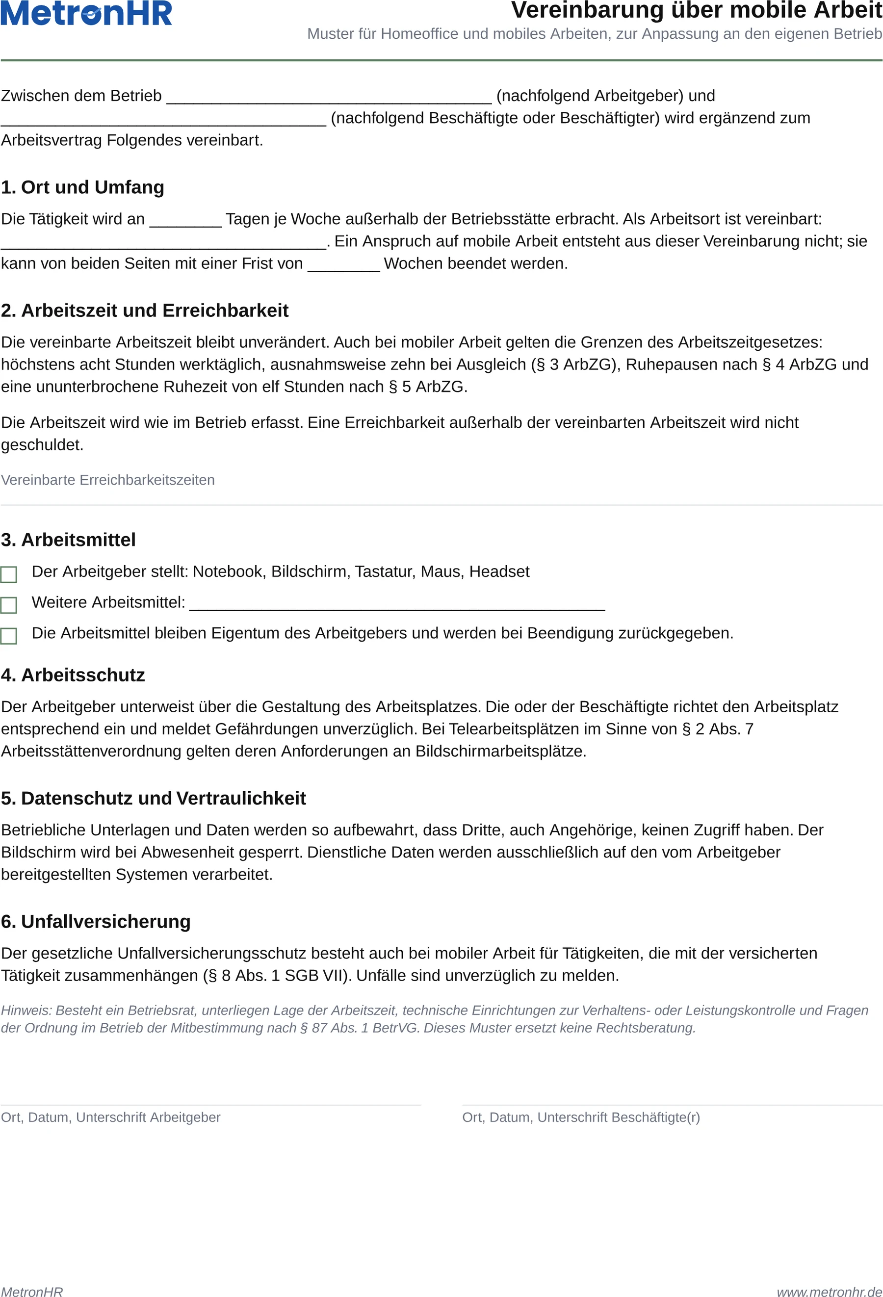 Vorschau: Vereinbarung über mobile Arbeit als Muster