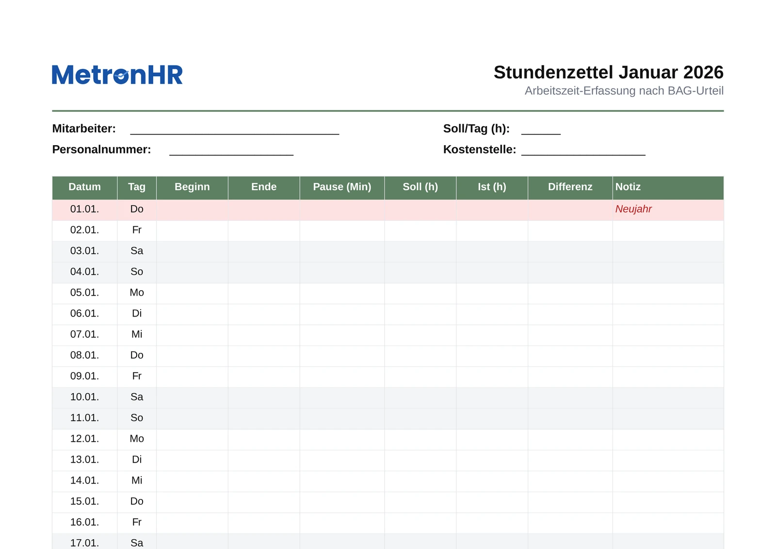 Preview: A timesheet and working time record as an Excel template or a printable PDF